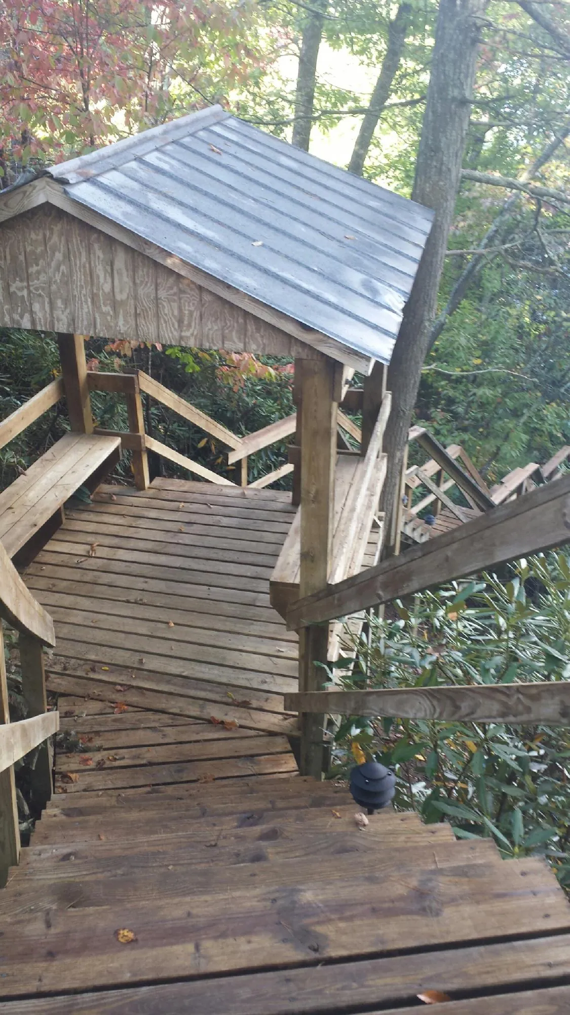 Metal roofed shelter over wooden steps on a wooded walkway — Skylight Repair & Installation work by our crew in Blue Rapids